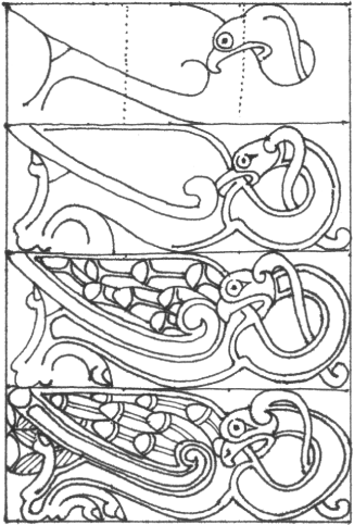 Fig. 87: Celtic Bird, Full Body, Minimal top knot treatment, drawn free hand 